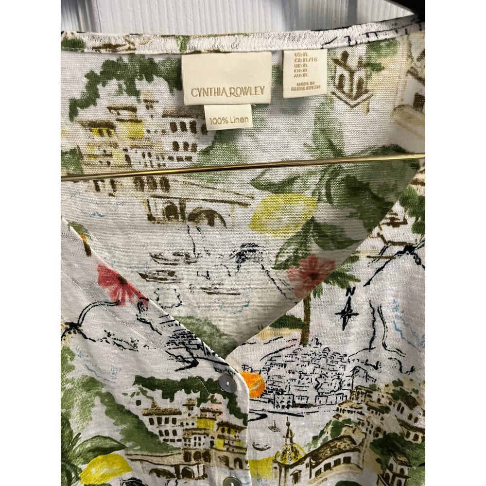 Cynthia Rowley 100% Linen Amalfi Coast Lemon Print V-Neck Blouse - Size XL - Picture 3 of 6